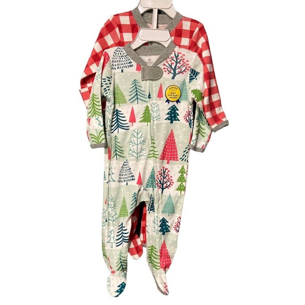 Honest Baby Clothing Zip Up Christmas Holiday Footie Pajamas Set of 2 Sz 3-6 Mth